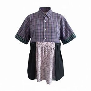 Stylish Women's Plaid and Floral Blouse - Purple and Black